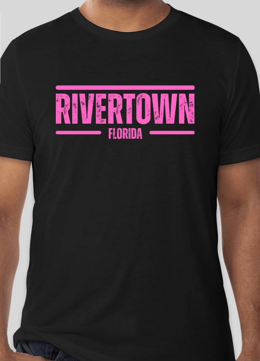 RiverTown Coastal Design PINK on Black Bella+Canvas soft tee